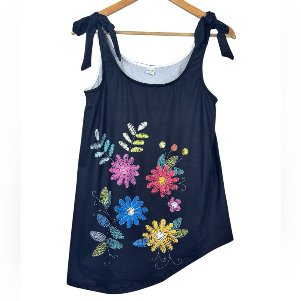 NWT Nanu Black & Floral Design Asymmetrical Hemline Tie Shoulder Summer Top M
